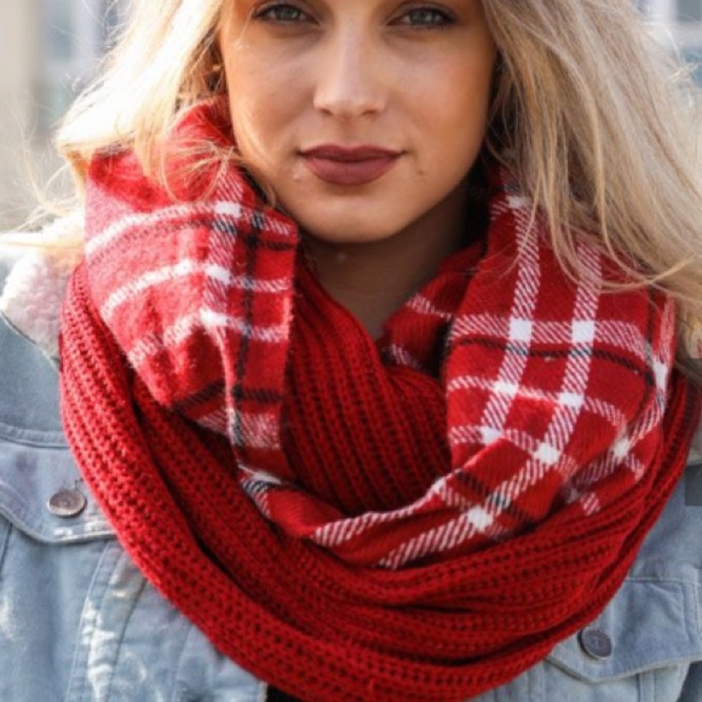 Plaid Ribbed Knit Infinity Scarf in Red - Picture 3 of 3